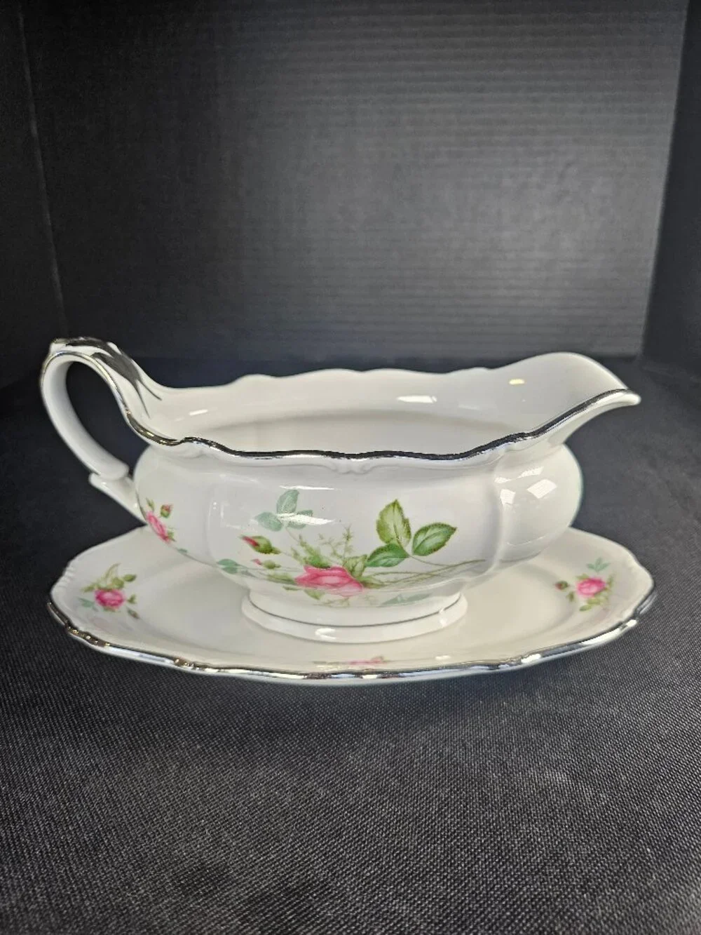 Chalfonte Bavaria Germany Fine Porcelain Pink Rose Gravy Boat With Underplate
